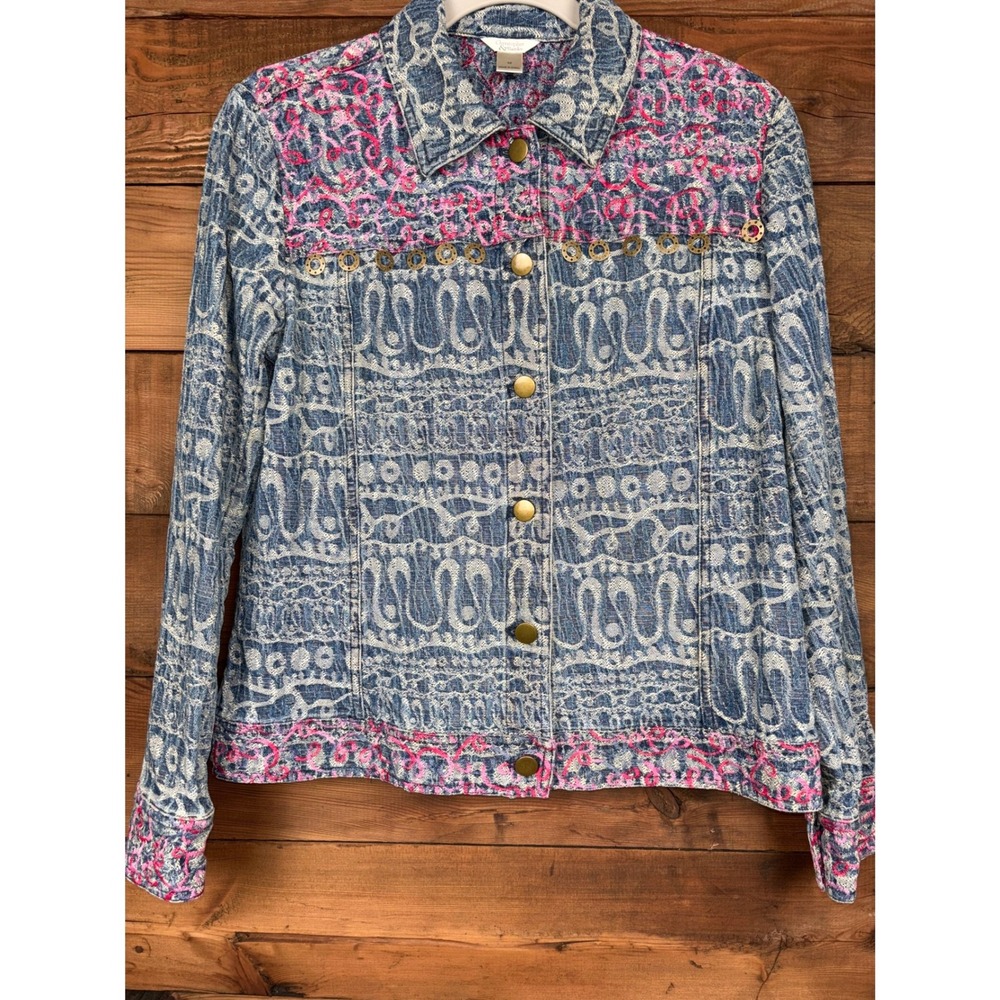 Christopher & Banks Denim Jacket Womens Medium Embroidered Art to Wear